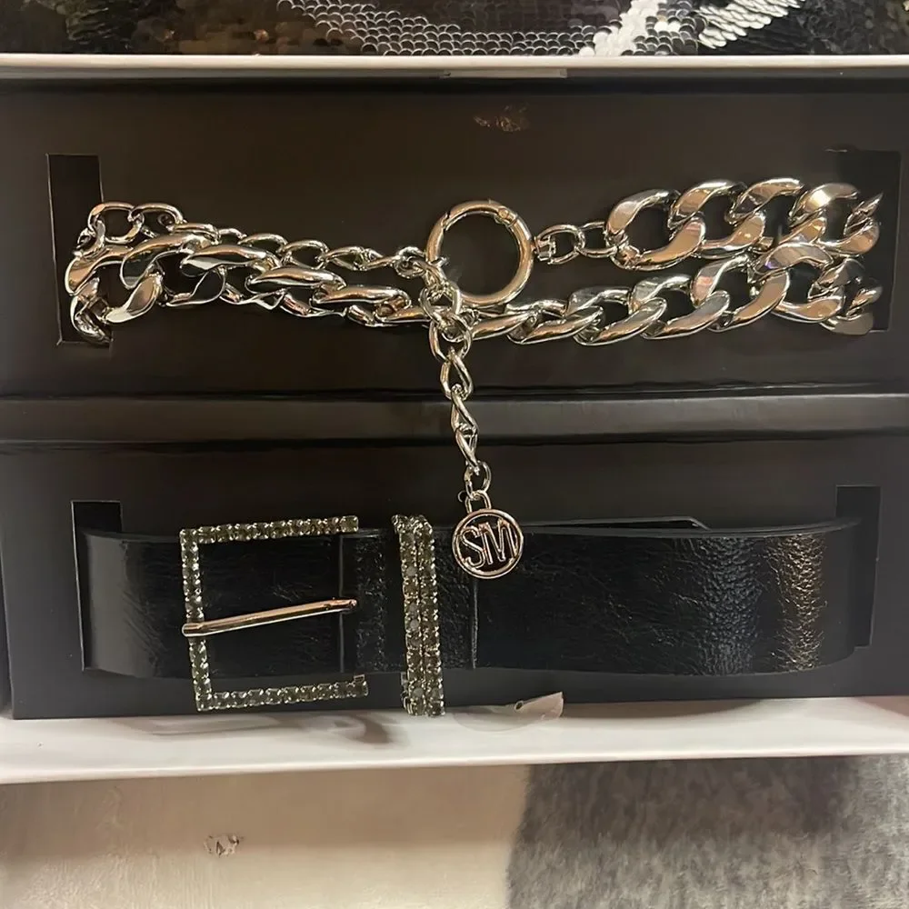 2 steve madden bling chain belt set in glitter gift box- L/XL nwt/nip